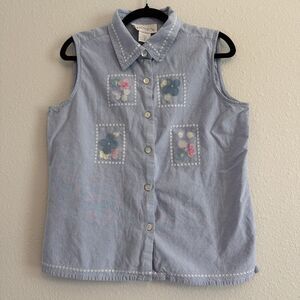 Annex Womens Medium Top Blue Chambray Grandma Cottage 90s Sleeveless Flowers